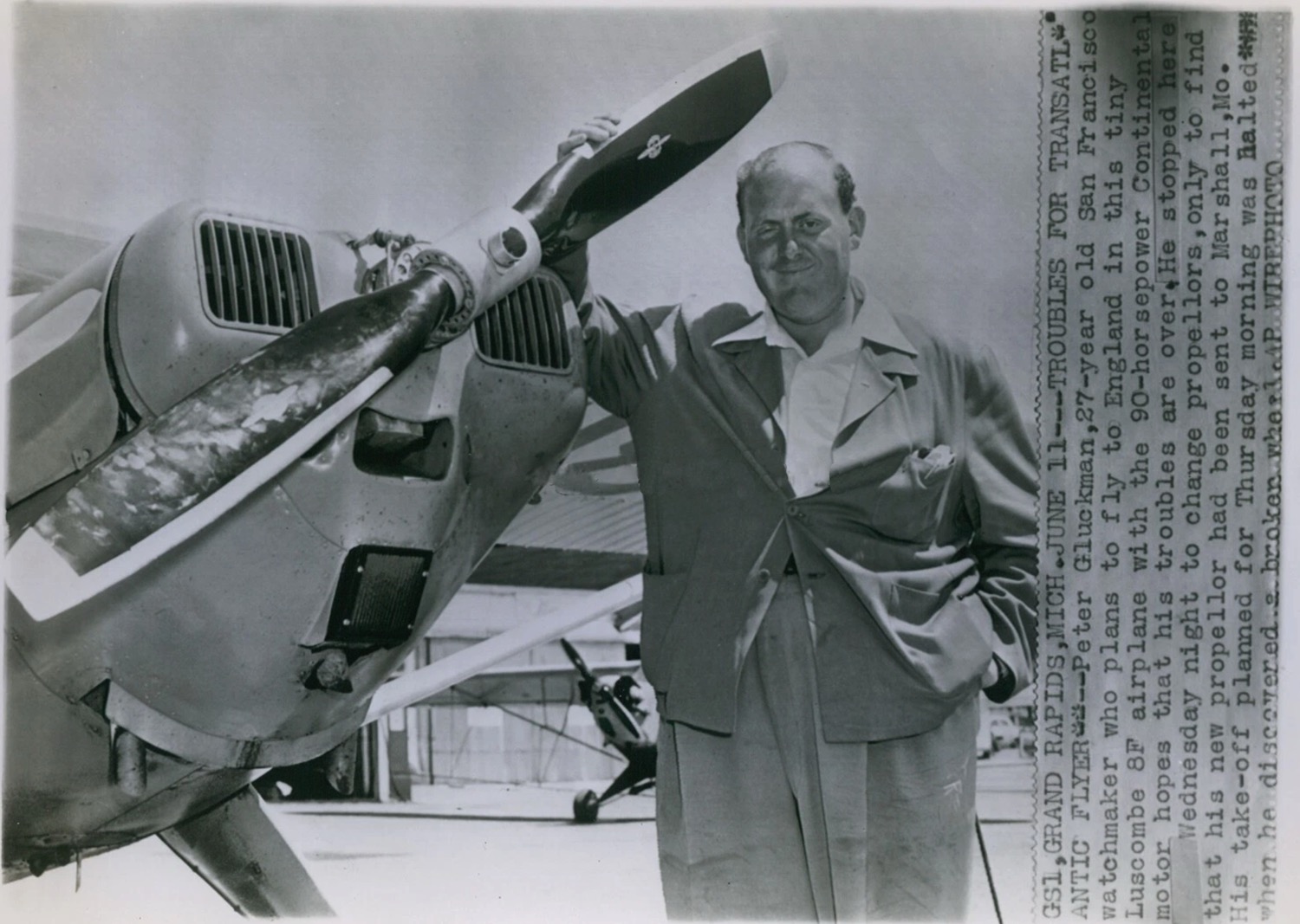 Peter Gluckmann aka “The Flying Watchman” in Grand Rapids MI with his Luscombe 8F light plane (N1838B) before his first Transatlantic Crossing